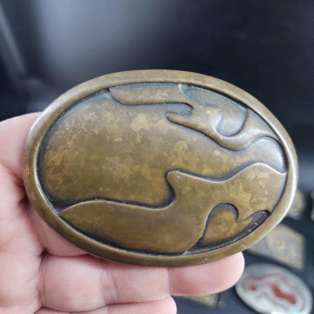 Vintage Derek Marchi Solid Brass Hand Made Belt Buckle Abstract 70s Artisan Oval
